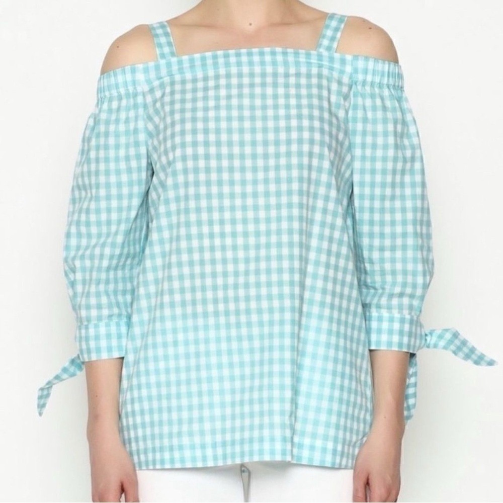 Tyler Boe Off Shoulder 3/4 Sleeve Teal/White Gingham WMs Med Top Cottagecore EUC